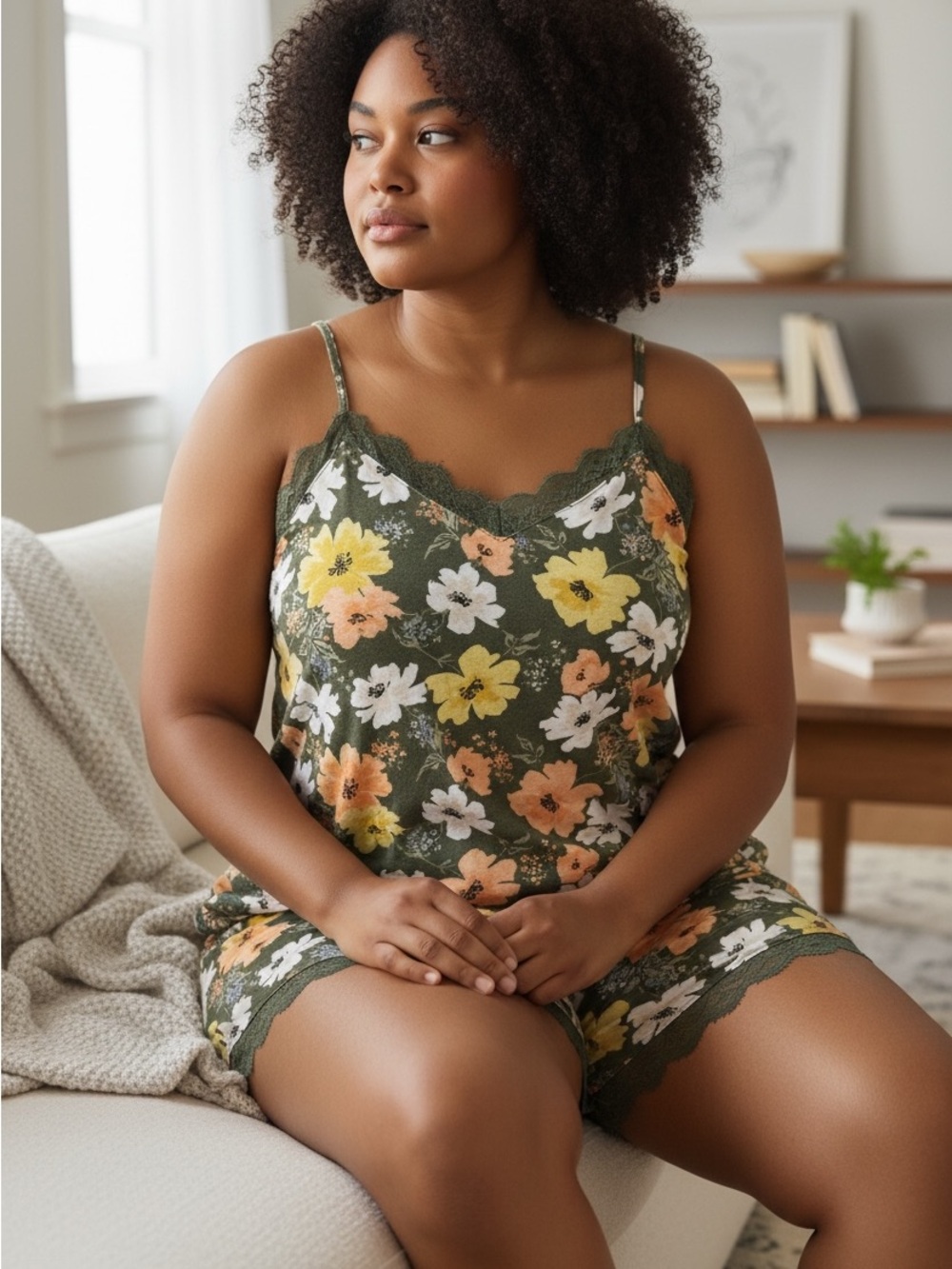 Floral Lace Trim Cami & Shorts Sleep Set - Olive Floral Size M